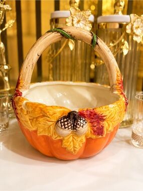 Ceramic Pumpkin Basket with Autumn Leaf Accent